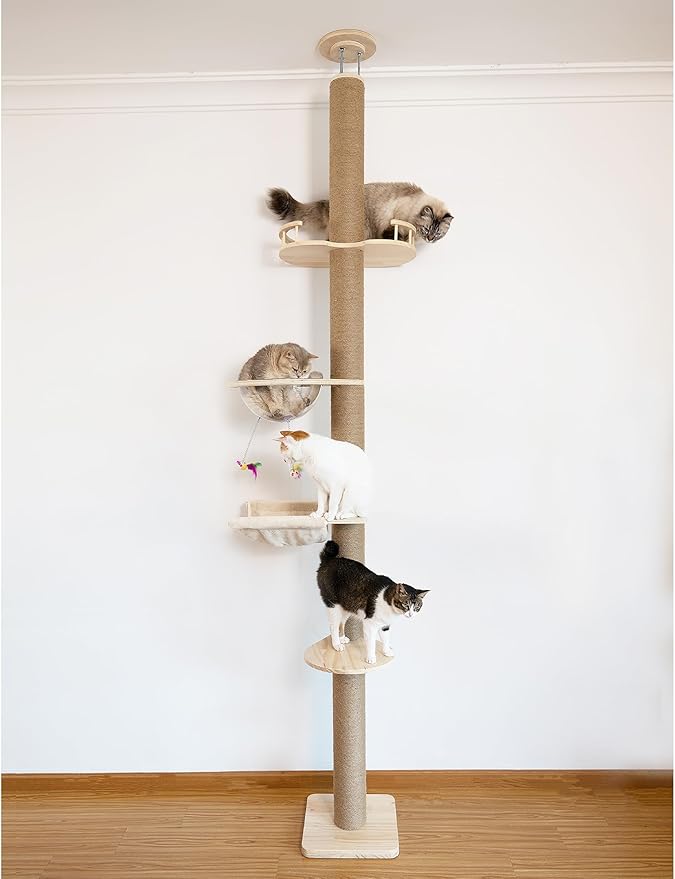Floor-to-Ceiling Cat Tree with Natural Sisal Rope Scratching Post - Adjustable Height (55-119 Inches) - Modern Cat Activity Tree, Cat Scratcher Post