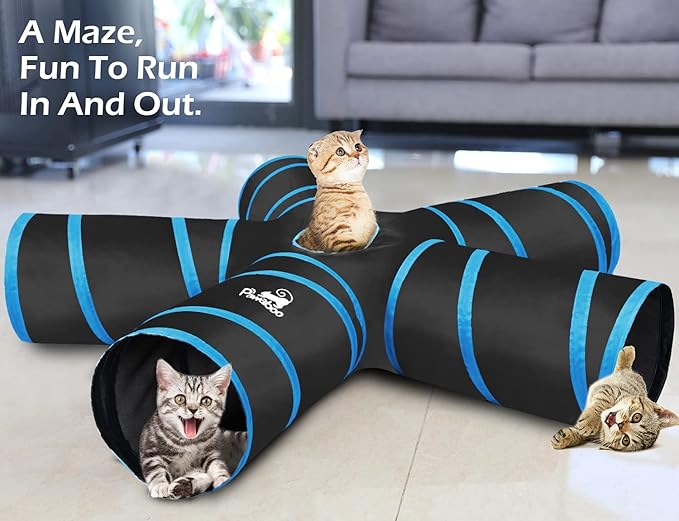 Pawaboo Cat Toys, Cat Tunnel Tube 5 Way Tunnels 25x53cm Extensible Collapsible Play Tent Interactive Toy Maze Cats House with Balls and Bells for Cats Kitten Kitty Rabbit Small Animal, Blue
