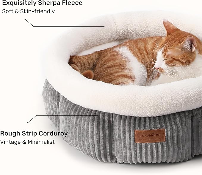 FUKUMARU Cat Bed, Washable Round Cat Beds for Indoor Cats, Soft Fluffy Corduroy Pet Bed for Cats and Puppy, Cute Small Dog Beds, Grey