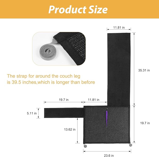 Cat Scratch Couch Protector,Cat Scratch Sofa Armest Cover with Sisal Mat and a Toy for Small Animals Indoor use 23.6’’L*19.7’’W (Black/Left Hand)