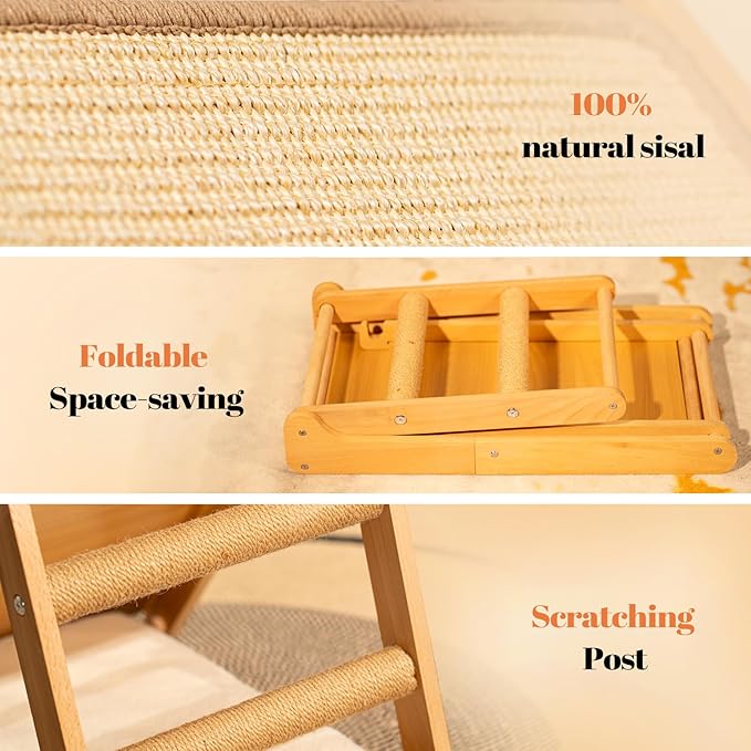 Sisal Cat Scratcher Ramp with Cushion, 20" x 14.1" Large Foldable Scratch Board Cats Scratching Post, Wooden Cat Furniture