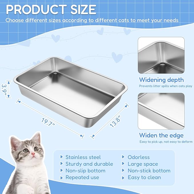 LIHONG Stainless Steel Cat Litter Box,Large Metal Litter Box for Small Large Cats Kitty Rabbits,No Smell,Non Stick,Easy to Clean(20" Lx14 Wx4 H,L)
