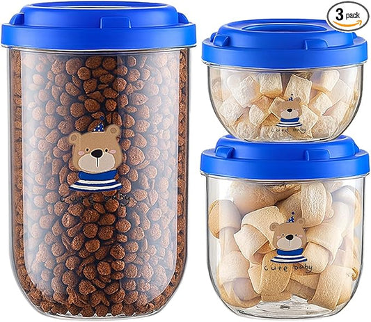 3PCS Dog Food Storage Container Set – Airtight Dog Food Container, Transparent Pet Food Storage Containers for Dog Treats, Cat Food Container, Blue, Multi-Size