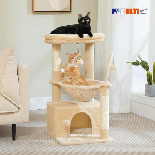 PEQULTI 4-in-1 Cat Tree, 33'' Cat Tower for Indoor Cats with Large Cat Condo, Scratching Post for Cats with Deep Hammock& Cozy Top Perch, Beige