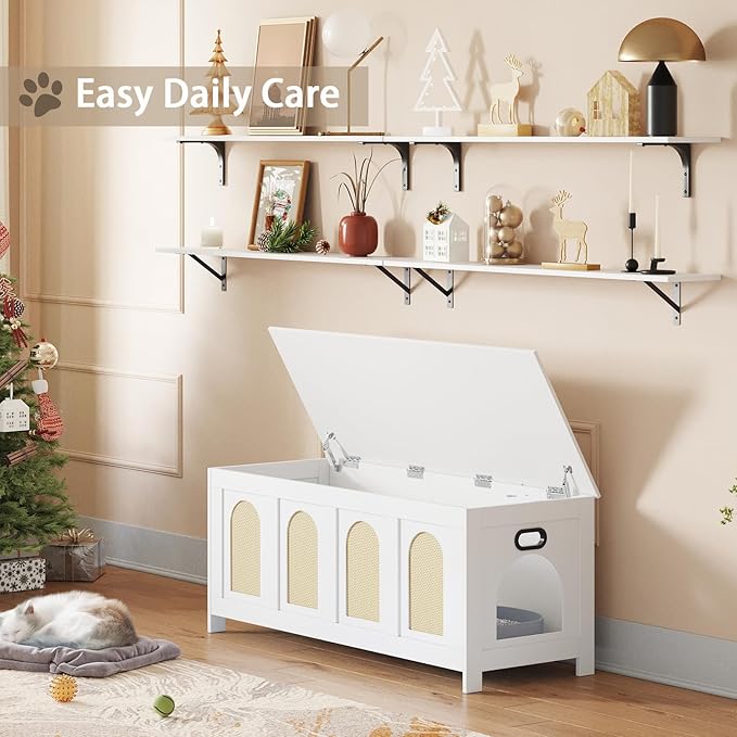DINZI LVJ Cat Litter Box Enclosure, Flip Top Litter Box Furniture, Rattan-Like Hidden Cat Washroom, Wooden Pet House, End Side Table, 47.2" L x 18.7" W x 19.7" H, Easy to Assemble, White with Rattan
