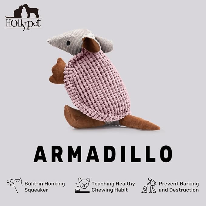 Hollypet Plush Dog Squeaky Toy Stuffed Armadillo Animal Pet Puppy Chew Toys with Clean Teeth for Small Medium Large All Breed Sizes Dogs, Pink, 14 in
