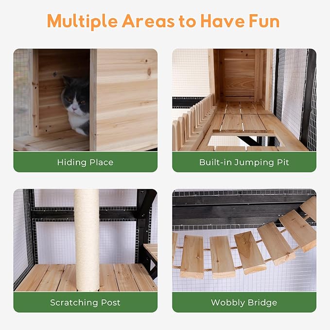 Catio Enclosure Outdoor Wooden Cat House for Multiple Cats Walk in Cage Window Access with Sunlight Friendly Weather-Proof PVC Roof