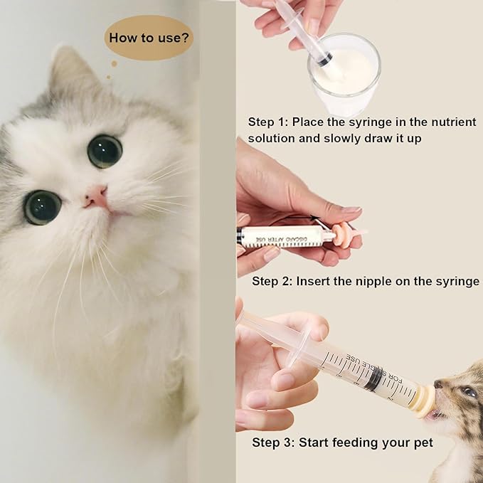 Pet Feeder Syringe, Newborn Animal Feeder Syringe Pet Feeding Nursing Syringe Silicone Feeding Pacifier,Pet Feeding Nipple for Kitten and Puppy (2x10ml Feeder &1S+1M+2L Nipples)
