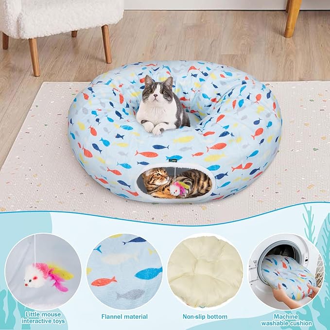 Ownpets Large Cat Tunnel Bed for for All Seasons, S-Shaped Soft Cat Donut Tunnel with Washable Cushion, Round Pet Pet Play Tunnel Toy for Kitten, Puppy, Rabbit, Blue