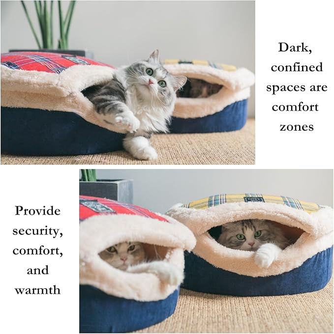 Cat Cave Bed – Plush, Warm & Calming Hideaway with Detachable Lid & Mat, Covered House for Indoor Kitten & Kitty (Yellow)