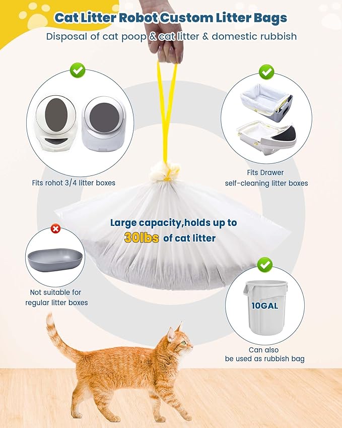 KONE Cat Litter Bags for Robot 3/4, 2 mil Thickened Drawstring Waste Drawer Liners Compatible with Most Self-cleaning Automatic Boxes - 57 Count Pet Kitten Poop Disposable Replacement Bag, 5-9 Gal