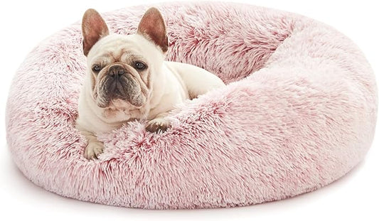 Love's cabin Calming Cat Bed for Indoor Cats,Anti-Anxiety Donut Round Dog Bed,Fluffy Faux Fur Washable Pet Bed for Small Medium Dogs and Cats,Pink,24in