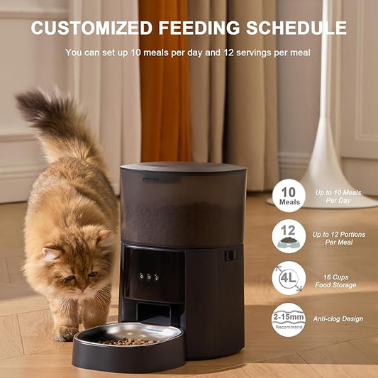 Automatic Cat Feeder WiFi with App Control, Voice Recorder, 4L Dry Pet Food Dispenser for Cats & Dogs with Freshness Preservation, Custom Feeding Times & Portions, Dual Power