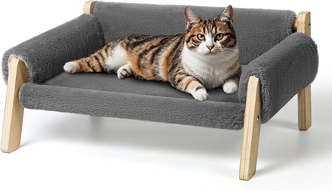 Elevated Cat Couch Bed for Indoor Cats - Wooden Pet Sofa with Removable Washable Thick Cover Raised Kitty Lounge Chair Suitable for Puppy or Small Animals(Cat Sofa Light-Grey)