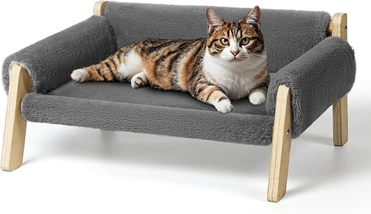 Elevated Cat Couch Bed for Indoor Cats - Wooden Pet Sofa with Removable Washable Thick Cover Raised Kitty Lounge Chair Suitable for Puppy or Small Animals(Cat Sofa Light-Grey)