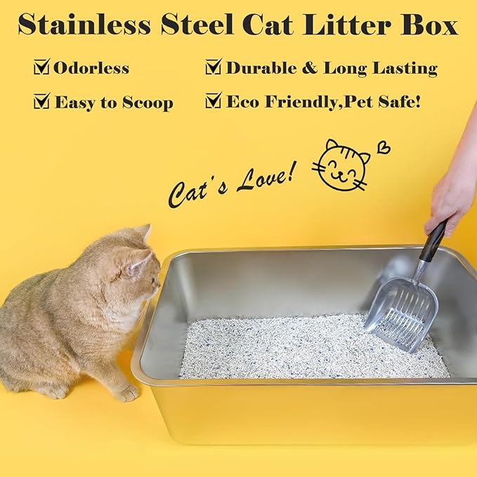 LIHONG Stainless Steel Cat Litter Box,Extra Large Metal Litter Box for Big Cats Kitty Rabbits,No Smell,Non Stick,Easy to Clean(24" Lx16 Wx8 H,XL)