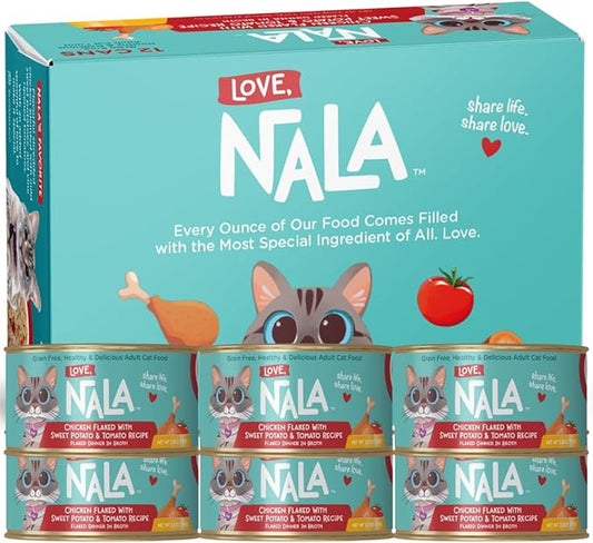LOVE, NALA - Natural Adult Cat Wet Food - FLAKED Chicken, Sweet Potato, Tomato in Broth - Grain Free, Non-GMO, Digestive Fiber, Vitamins, Minerals - 12 Pack 2.4 lbs.