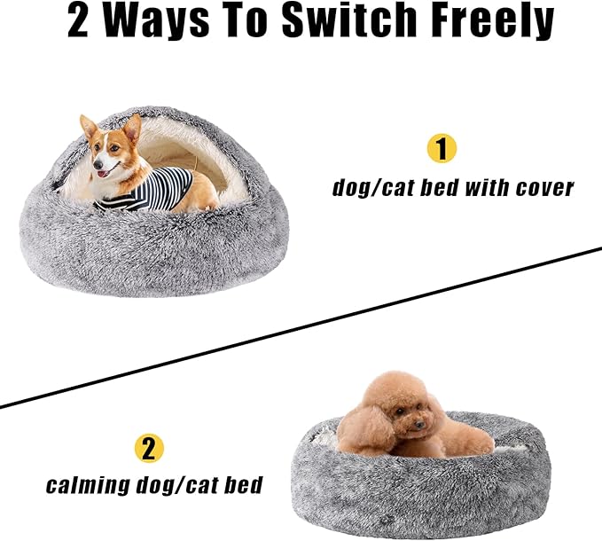 Round Hooded Cat Bed & Dog Bed with Cover Cave, Dog Bed for Small Dogs, Faux Fur Cuddler Round Coved Cat Bed Self Warming Donut Dog Bed Fits up to 12 lbs Pets (Gray, 20inch x 20inch)