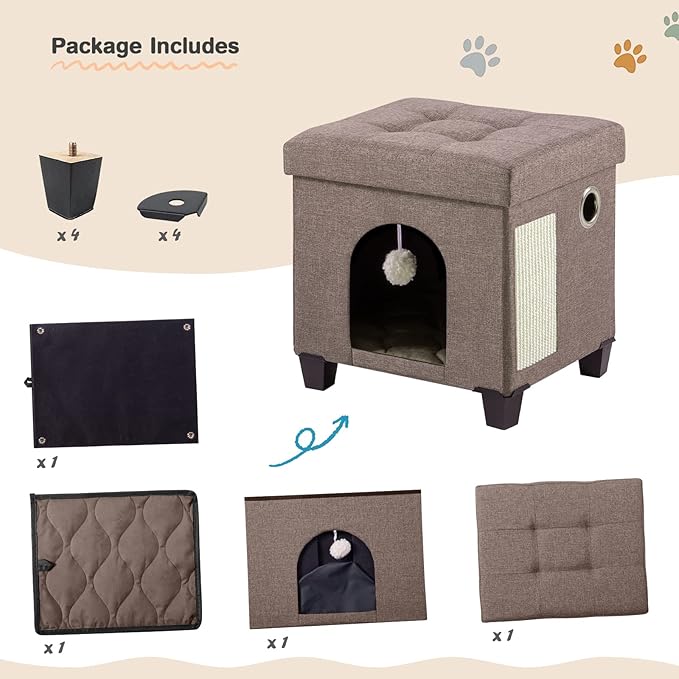 BRIAN & DANY Foldable Cat House for Indoor Cats, Large Cat Cube for Pet Cave with Scratch Board & Ball, 14.7" x 14.1” x 12.7”, Brown