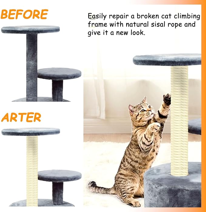 Sisal Rope for Cat Scratcher 1/4" Diameter 328 FT Cat Natural Sisal Rope for Repairing Cat Scratching Post Cat Tower Repair Rope Cat Tree Rope Replace Recovering and DIY