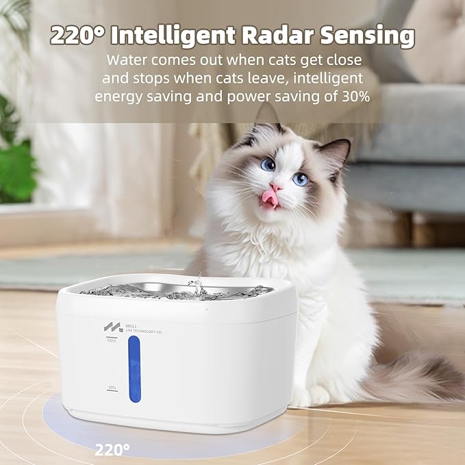 Meill Wireless cat Water Dispenser with 220° Motion Sensor & Quiet Pump, 85oz/2.5L Capacity, Battery Operated for Indoor and Outdoor use，Stainless Steel Drinking Tray, no Cleaning Hassle