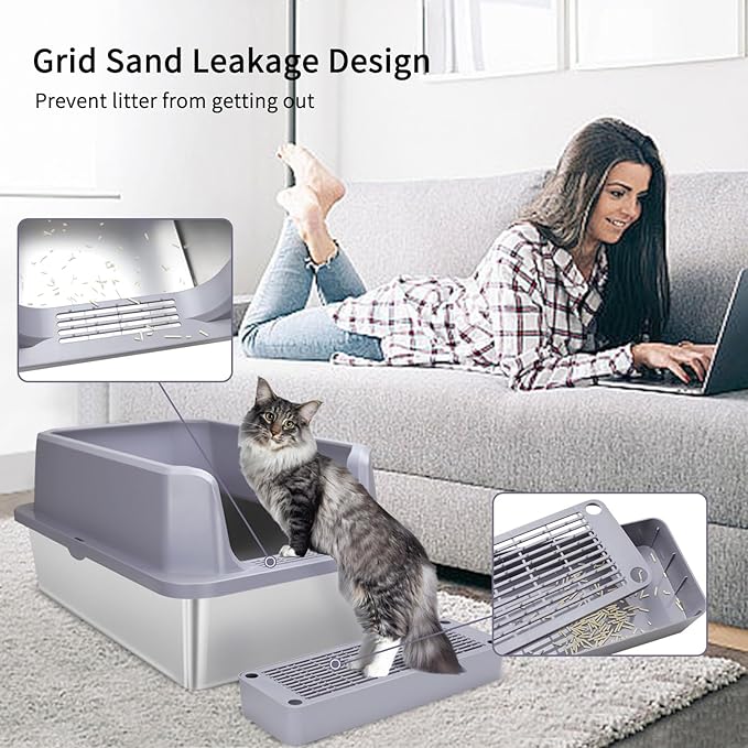 RIZZARI Large Stainless Steel Cat Litter Box: Open Top Leak-Proof Large Cat Pan - Odor Control for Indoor Multi-Cat Homes (Silver, 23.8" L*16" W*12" H)