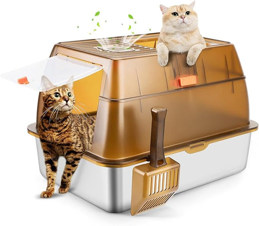 Stainless Steel Cat Litter Box with Lid, XXL Extra Large Enclosed Litter Box for Big Cats High Sided Metal with Removable Lid & Scoop, Front &Top Entry Odor Free, Anti-Leakage, Easy Cleaning