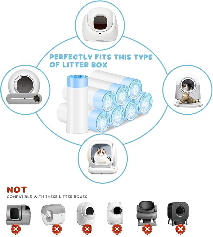 120 Count Cat Litter Box Liners for Self-Cleaning Cat Litter Box, Replacement Kitty Litter Liners, 8 Rolls Drawstring Waste Bags for Small Automatic Litter Boxs, 19.7 x 17.7 Inches（8 Packs/120 Counts）