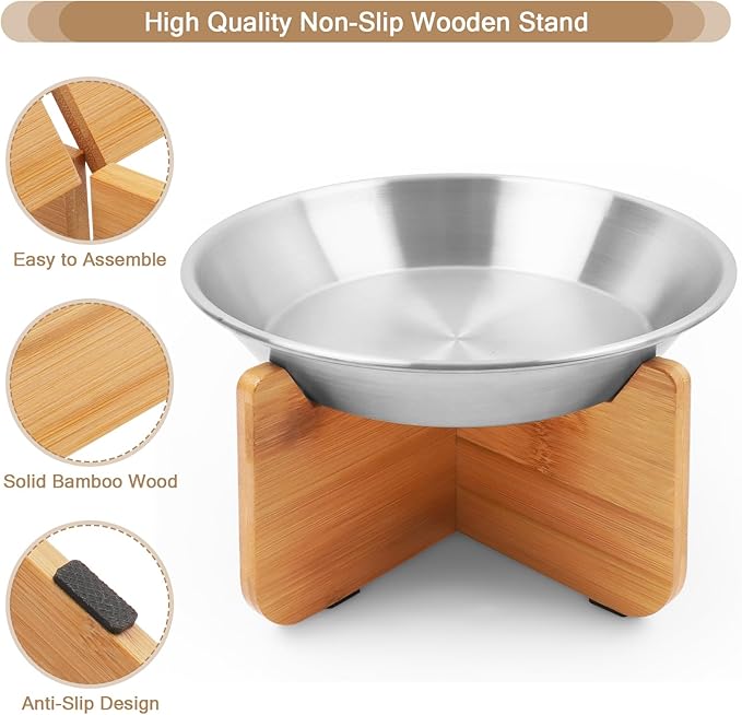 Elevated Cat Bowl with Bamboo Stand, 6.8" Extra Wide Shallow Raised Stainless Steel Cat Bowls Whisker Friendly