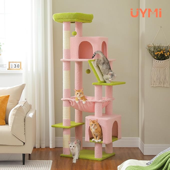 71 Inch Tall Pink Cat Tree for Indoor Cats Large Adult, Multi-Level Cat Tower with Extra Large Hammock, 2 Cat Caves, Spacious Top Perch, Scratching Pad