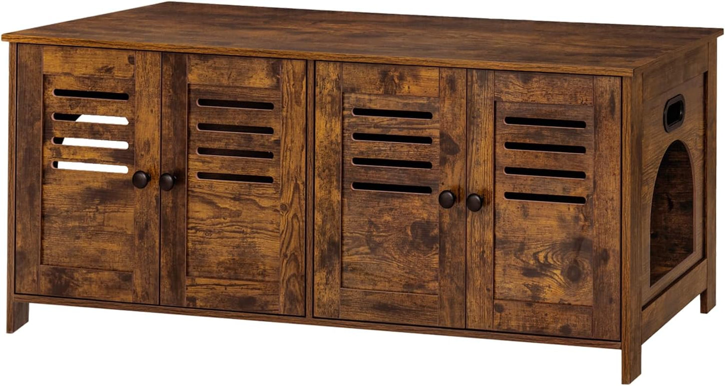 DINZI LVJ Litter Box Enclosure for 2 Cats, Hidden Litter Box Furniture with Double Rooms, Dual Cat Litter House, Front Doors, 47.2" Wooden Hidden Cat Washroom, Side End Table, TV Stand, Rustic Brown