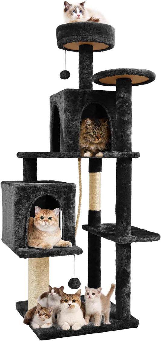 58.5inch Large Cat Tree Tower Condo for Indoor Cats, Soft Plush Multi-Level Climbing Tree Cat House, Scratching Post, More Entrance/Exit, Sisal Rope, Black