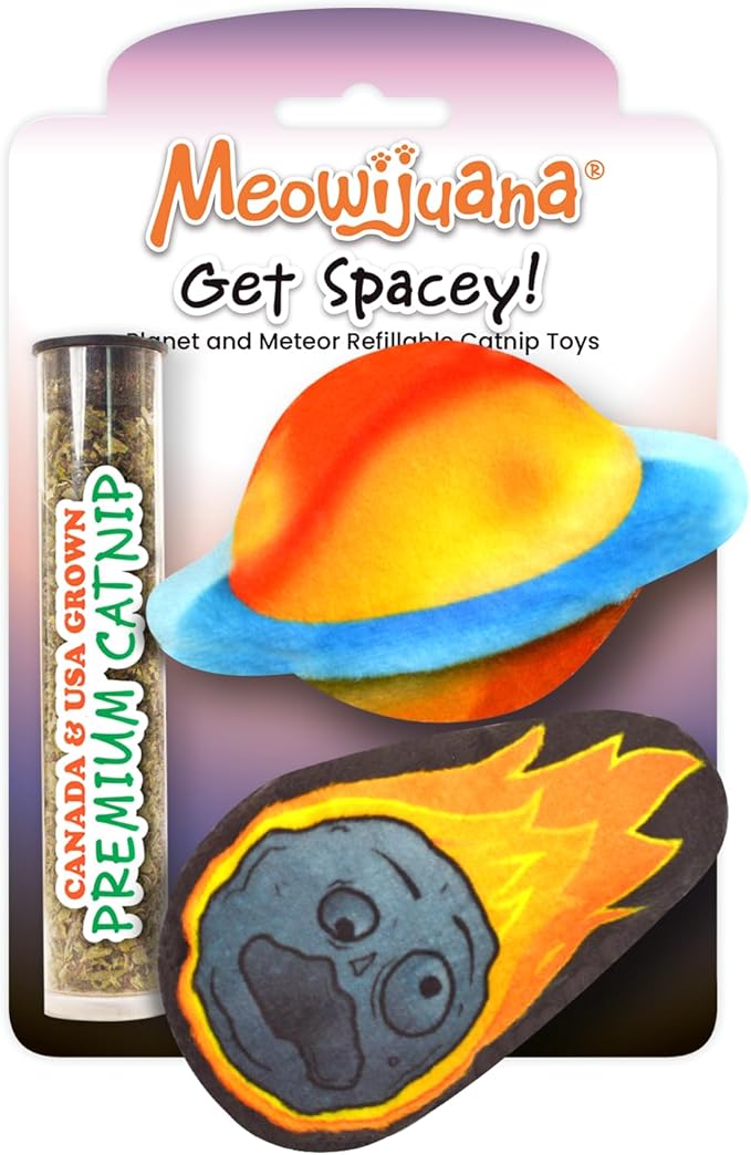 Meowijuana Refillable Cat Toys | Get Spacey - Planet and Meteor Catnip Toys | Includes Potent Hand Harvested Catnip Grown in North America | Promotes Play and Cat Health