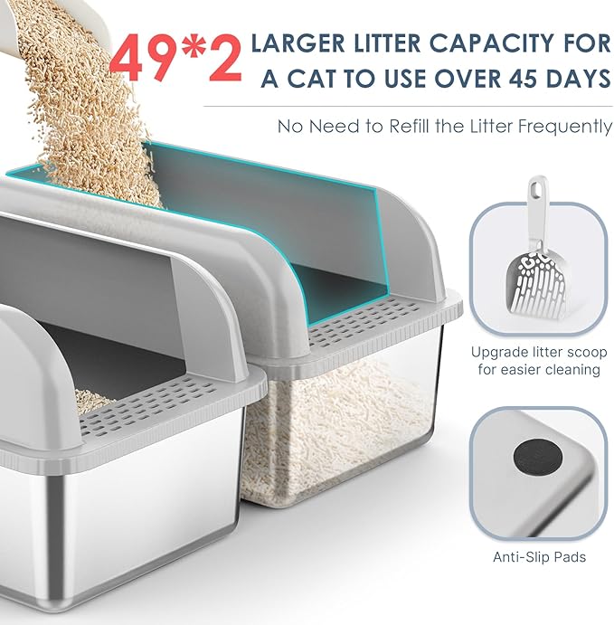 2 Pack 8" Deep Stainless Steel Litter Box with Lid, Extra Large & Deep Stainless Steel Cat Litter Box for Multipul Cats, Metal Litter Pan with Anti-Leakage High Wall, Litter Pan Easy Cleaning