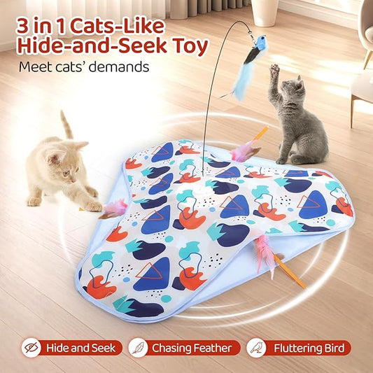 Interactive Cat Toys, Rechargeable Hide and Seek Cat Toys, Durable Stable Base Touch Activated Kitten Toy with Bird Cat Wand, Waving Concealed Feather Exercise Toy for Indoor Bored Cats/Kitten