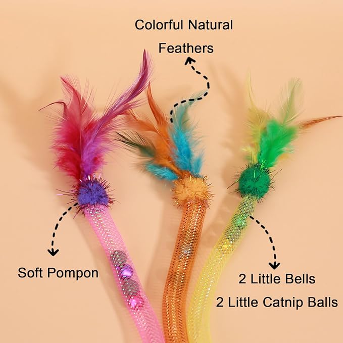 Interactive Cat Toys with Feather, Stretchable Mesh Tubes Toys with Bell and Catnip Inside, Colorful Interactive Play String for Cats and Kittens, 3 Pcs