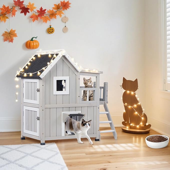 Outdoor Cat House, Cat Shelter for Feral Cats, Weatherproof 2-Story Wooden Cat House with Escape Door for 2-3 Cats