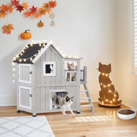 Outdoor Cat House, Cat Shelter for Feral Cats, Weatherproof 2-Story Wooden Cat House with Escape Door for 2-3 Cats