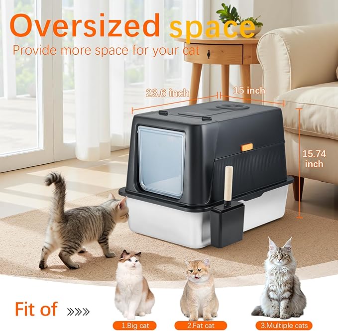 Stainless Steel Smart Cat Litter Box with IR Sensor Automatic Odor Control for A Home, Low Noise Design Automatic, Hygienic, and Easy-Clean Design for Multiple Cats