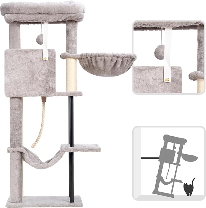Cat Tree, Cat Tower for Indoor Cats, 43.3 inch Cat Tree Tower with Sturdy Steel Tube, Cat Hammock, Cat Condo for Small Cats and Kittens, Cat Scratching Post, Light Gray GCT004SW