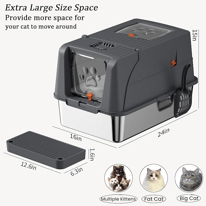 Stainless Steel Litter Box with Lid, 180° Flip-Top Extra Large Enclosed Litter Box, Anti-Leakage Covered Cat Litter Pan with Litter Scoop, Filter Pedal, Odor Free, Front and Top Dual Entry