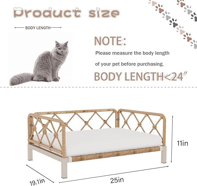 Outdoor Wicker Dog Bed Indoor Rattan Dog Sofa with Soft Cushion (Brown Wicker/White Cushion, Small)