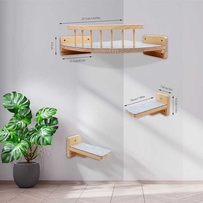 Cat Wall Shelves with 4 Step Scratch Post & Hammock Bed Wooden Floating Climbing Furniture for Sleeping and Playing Indoor Cat Climbing Shelf Corner Shelf Perches Support 20 LBS