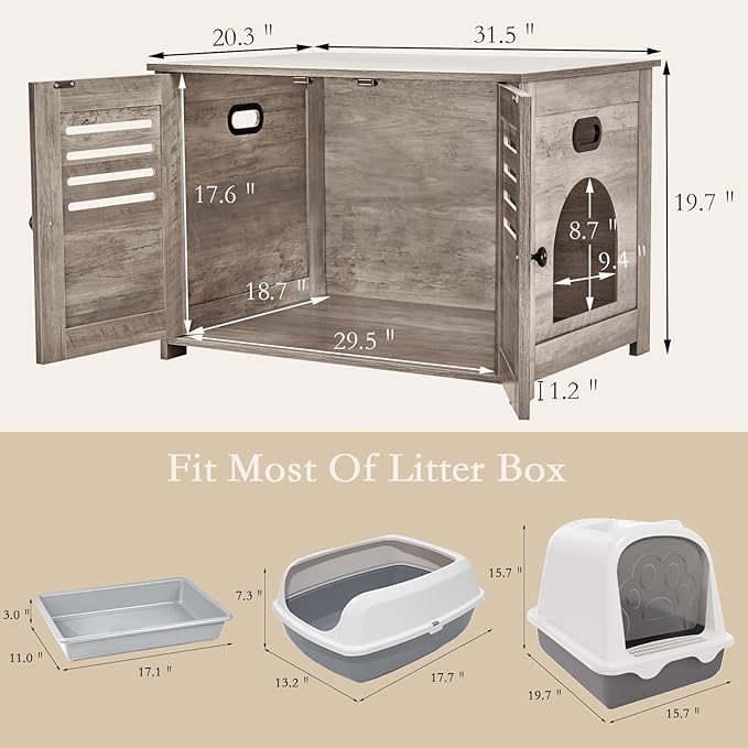DINZI LVJ Litter Box Enclosure, Cat Litter House with Louvered Doors, Entrance Can Be on Left or Right Side, 31.5" Long Hidden Washroom for Most of Litter Box, Cat Furniture Cabinet, Greige