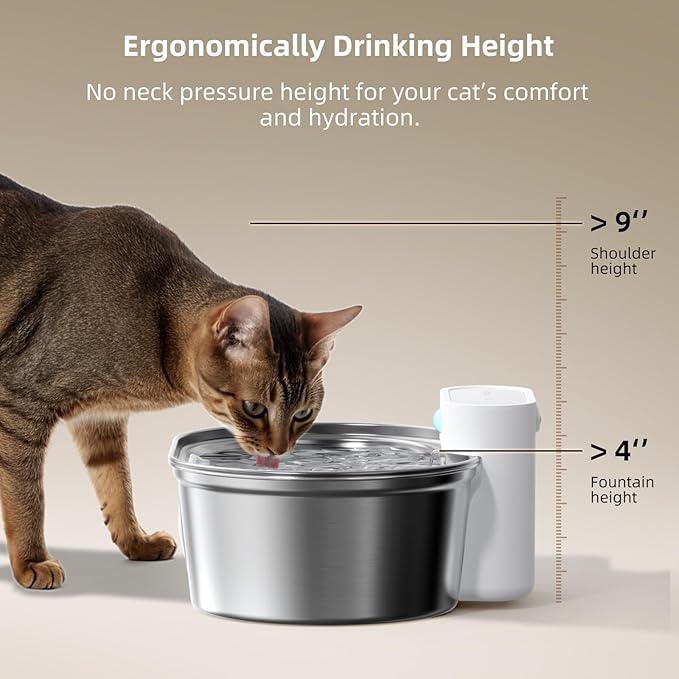 uahpet Wireless Cat Water Fountain Stainless Steel Pro, External Pump Battery Operated Pet Waterer, Dog Drinking Dispenser with Water Level Window, 67oz/2L