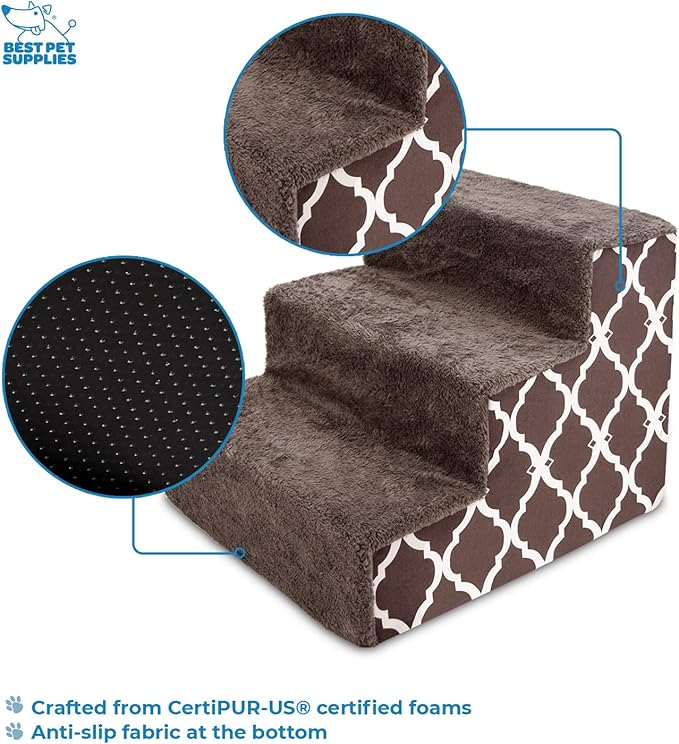 Best Pet Supplies Dog Stairs & Steps - Foam Steps for Small Dogs & Cats, Non-Slip Indoor Balanced Pet Step Support, Dog Ramp, No Assembly, Brown Lattice Print, 3-Step (13.5-inch Height)