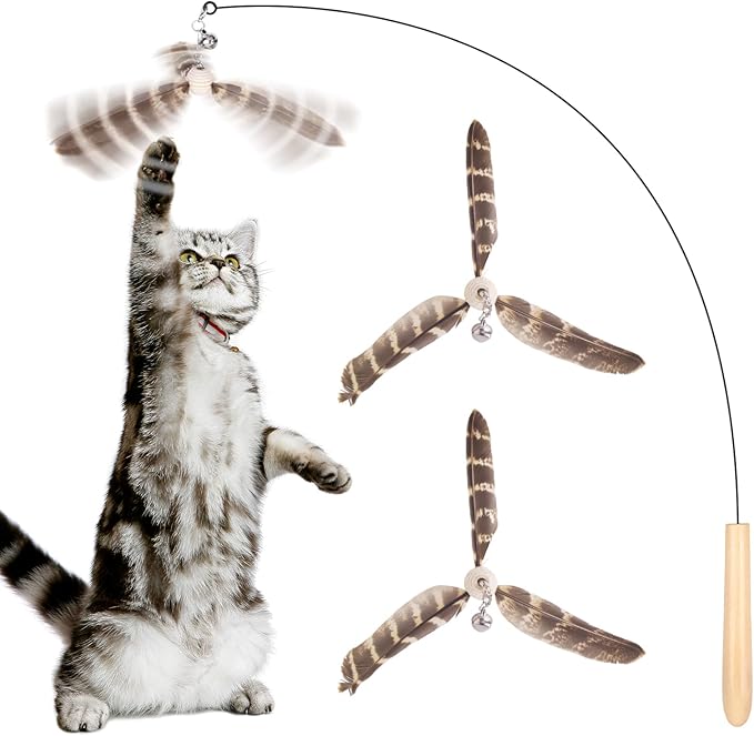 Cat Toys Interactive for Indoor Cats, Cat Wand Toys with 3 Feather Refills, Sturdy Wood Handle with Flexible Steel Wire for Kitten, Feather Toys Refills for Bored Indoor Adult Cats