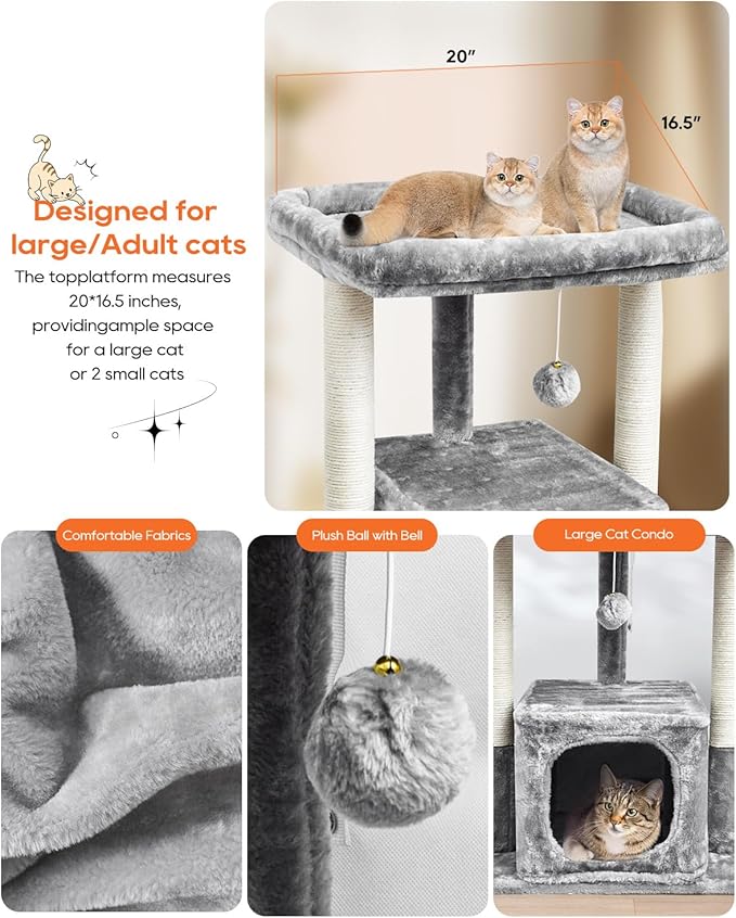 SYANDLVY Cat Tree for Indoor Cats Large Adult, Modern Activity Tower with Scratching Posts, Condo with Plush Perch, Climbing Stand with Spring Ball for Play, Grey