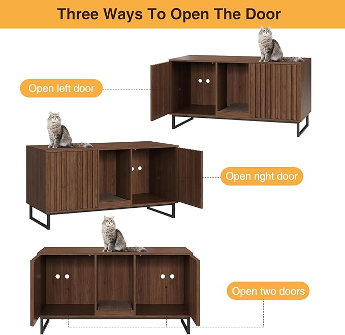 Cat Litter Box Enclosure for 2 Cats, 47.6’’ Litter Box Furniture Hidden with Scratch Pad, Double Room Large Cat Cabinet, Indoor Pet House TV Stand Side Table,Cats Washroom, Brown