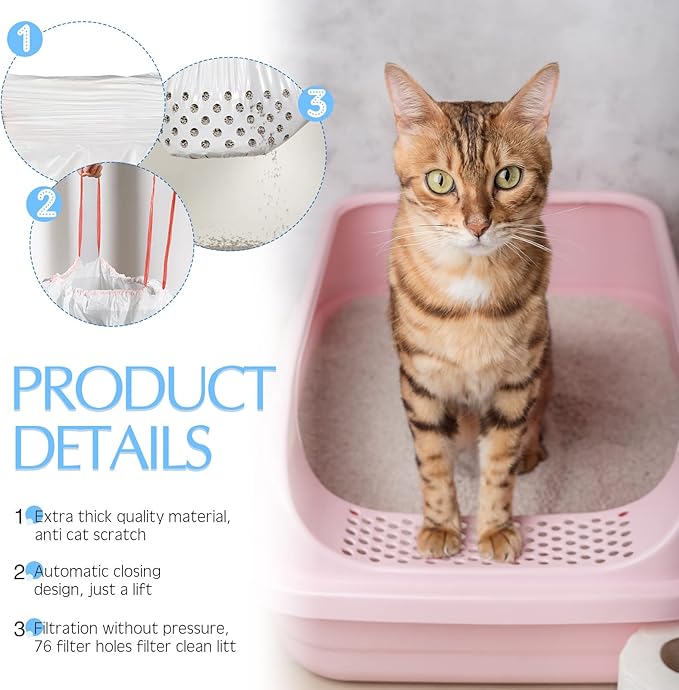 Jutom Sifting Litter Box Liners 28 Count, Drawstring Jumbo Sifting Cat Litter Bags with Holes, 31 x 18 Inch Portable Thick Scratch Resistant Drawstring Bags for Pet Cats
